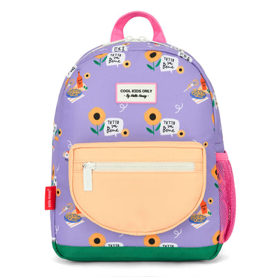 Mochila infantil violeta estampado flores amarillo bolsillo beige Hello Hossy