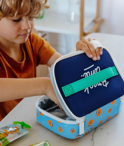 Bolsa de Merienda infantil azul naranja motivo deporte asa verde Hello Hossy