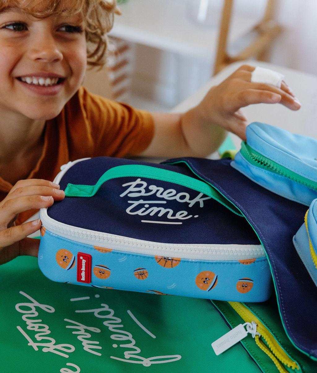 Bolsa de Merienda infantil azul naranja motivo deporte texto blanco Hello Hossy