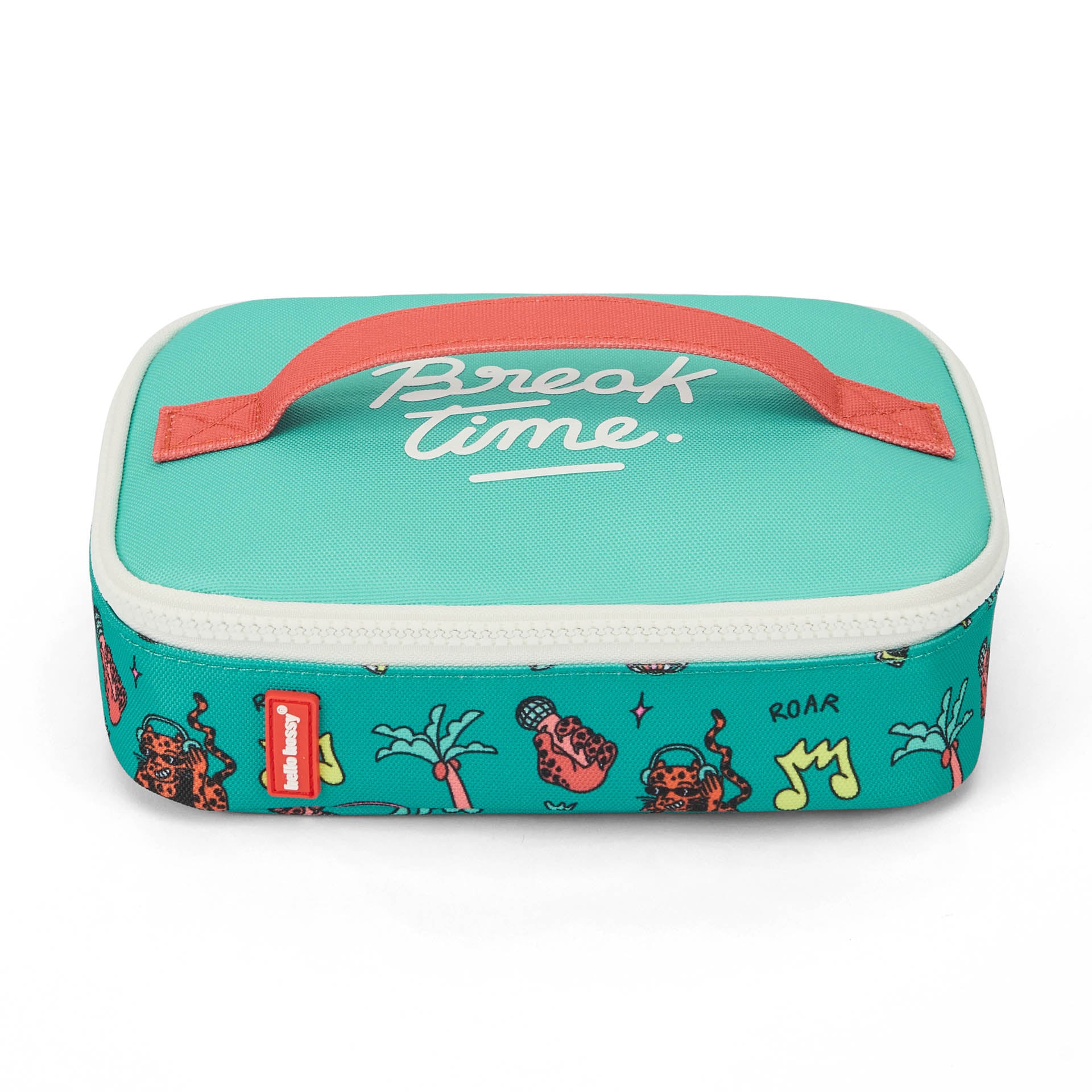 Sac goûter enfant vert corail motif animaux inscription Hello Hossy
