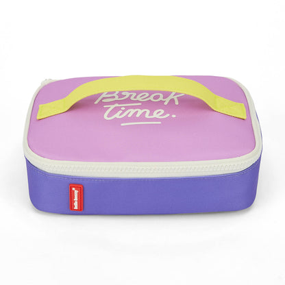 Bolsa de Merienda infantil violeta y rosa texto Break Time Hello Hossy