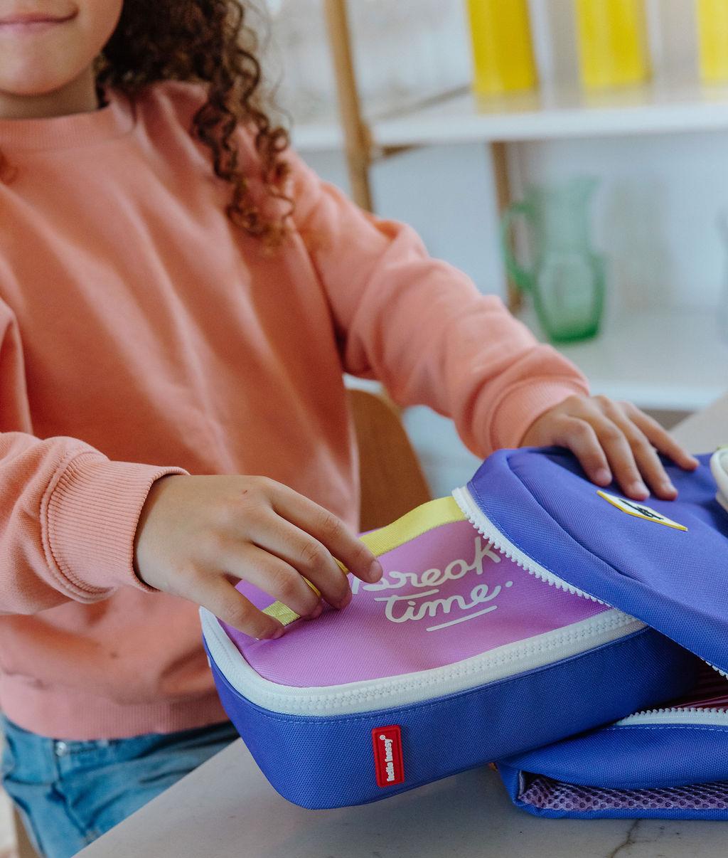 Bolsa de Merienda infantil violeta detalle blanco cierre con cremallera Hello Hossy