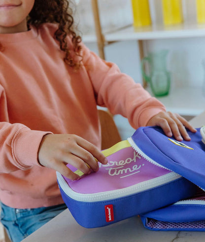 Bolsa de Merienda infantil violeta detalle blanco cierre con cremallera Hello Hossy