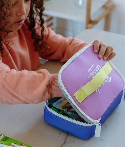 Bolsa de Merienda infantil violeta azul asa amarilla Hello Hossy