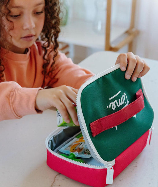 Sac goûter enfant framboise vert poignée contrastée Hello Hossy