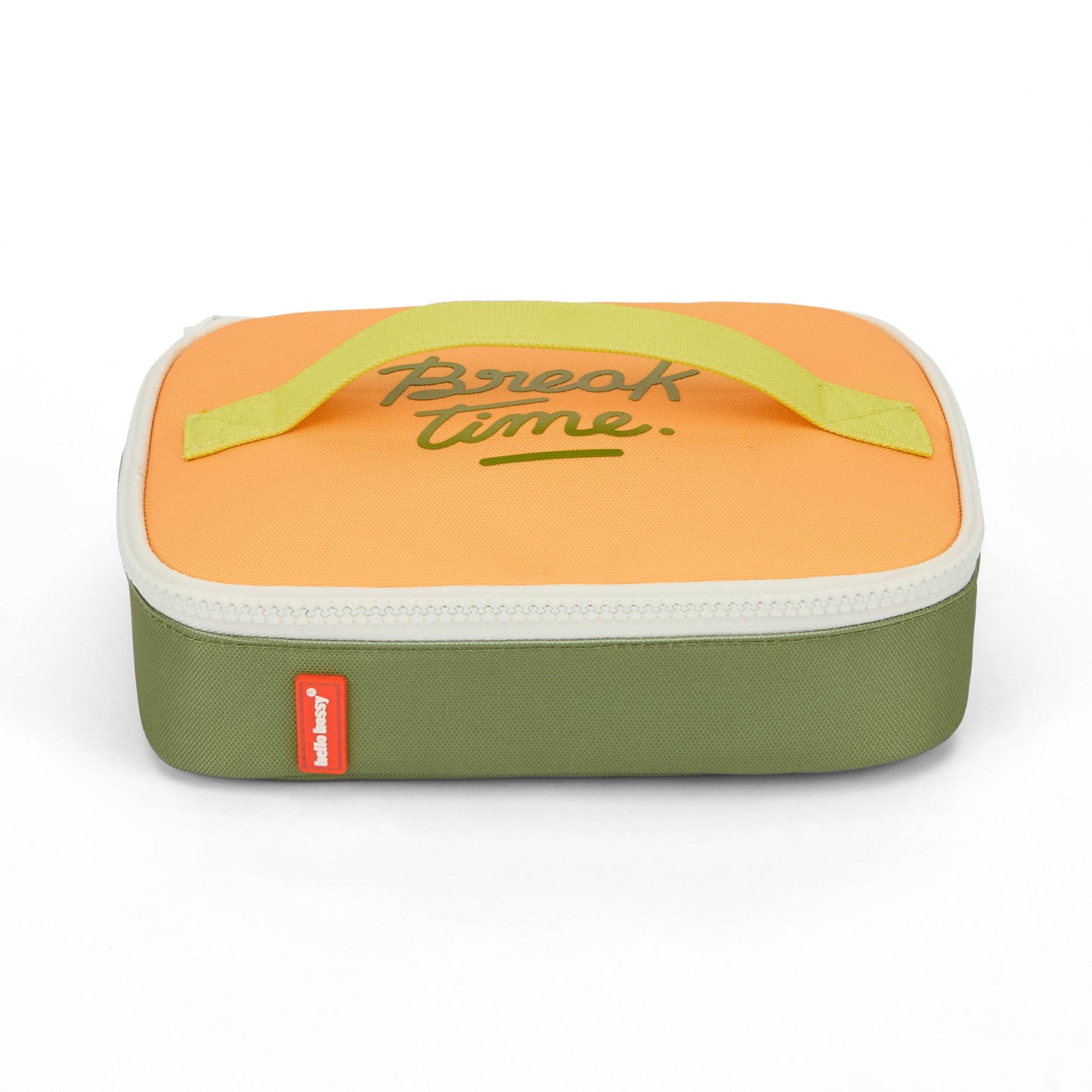 Sac goûter enfant vert orange poignée inscription Break Time Hello Hossy