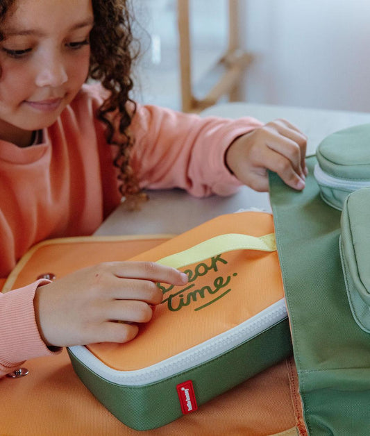 Bolsa de Merienda infantil verde naranja texto Break Time Hello Hossy
