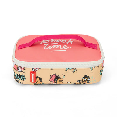 Sac goûter enfant jaune rose motif licorne texte break time Hello Hossy
