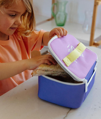 Sac repas enfant violet détail jaune fermeture blanche Hello Hossy