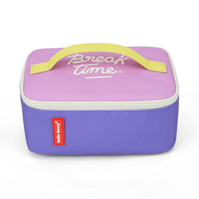 Bolsa de Almuerzo infantil violeta y rosa asa amarilla texto blanco Hello Hossy