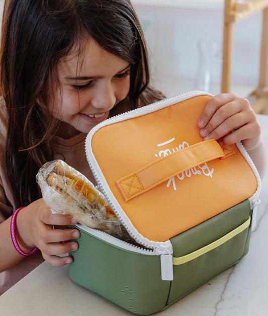 Bolsa de Almuerzo infantil verde con tapa naranja cierre de cremallera Hello Hossy