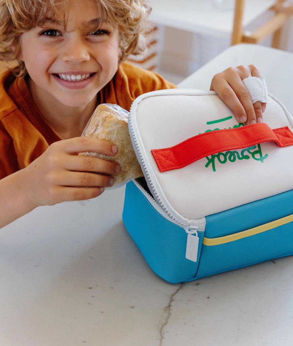 Sac repas enfant bleu poignée rouge motif texte Hello Hossy
