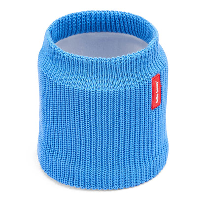 Snood infantil azul de punto con interior de tejido polar y etiqueta roja Hello Hossy