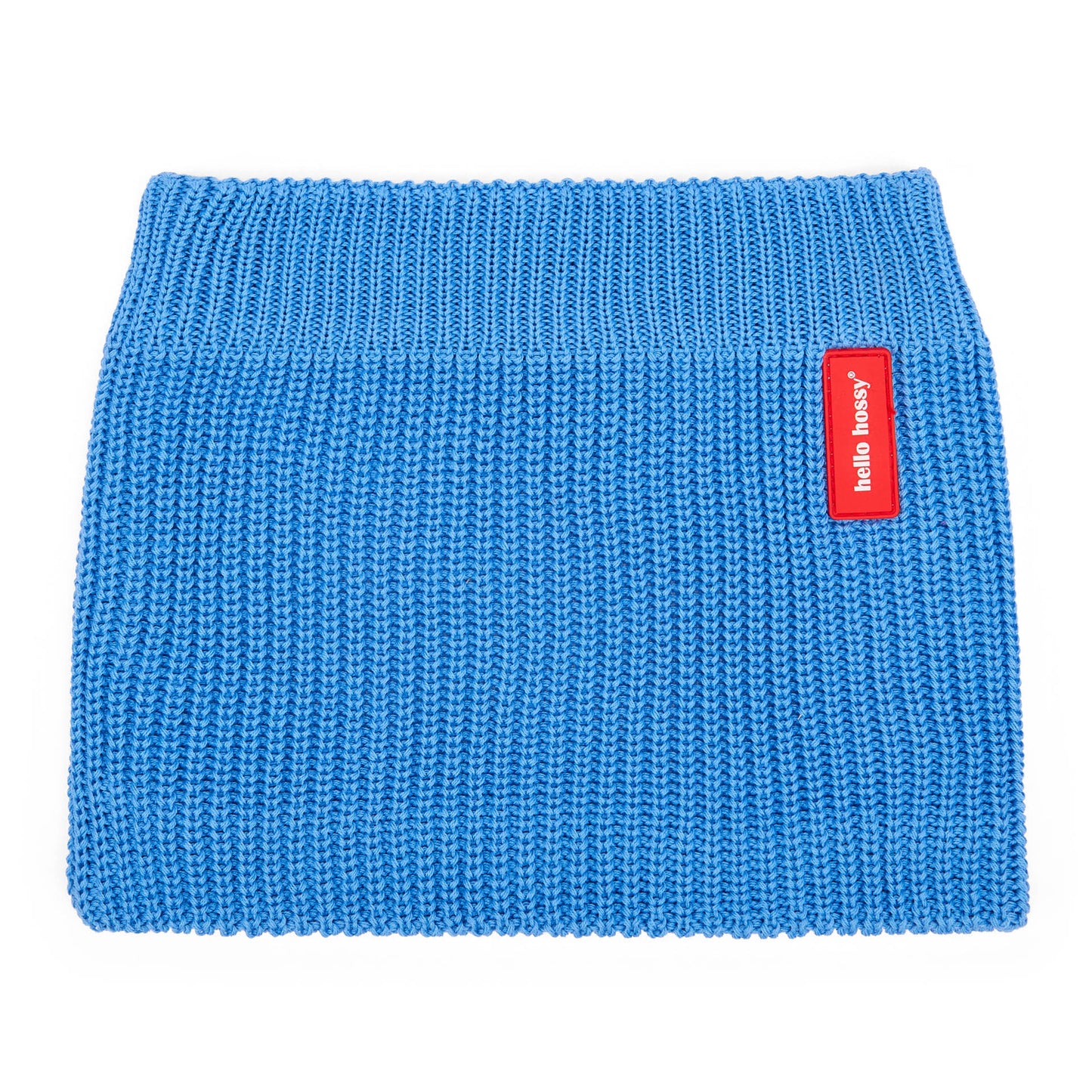 Snood infantil de punto azul con etiqueta roja Hello Hossy