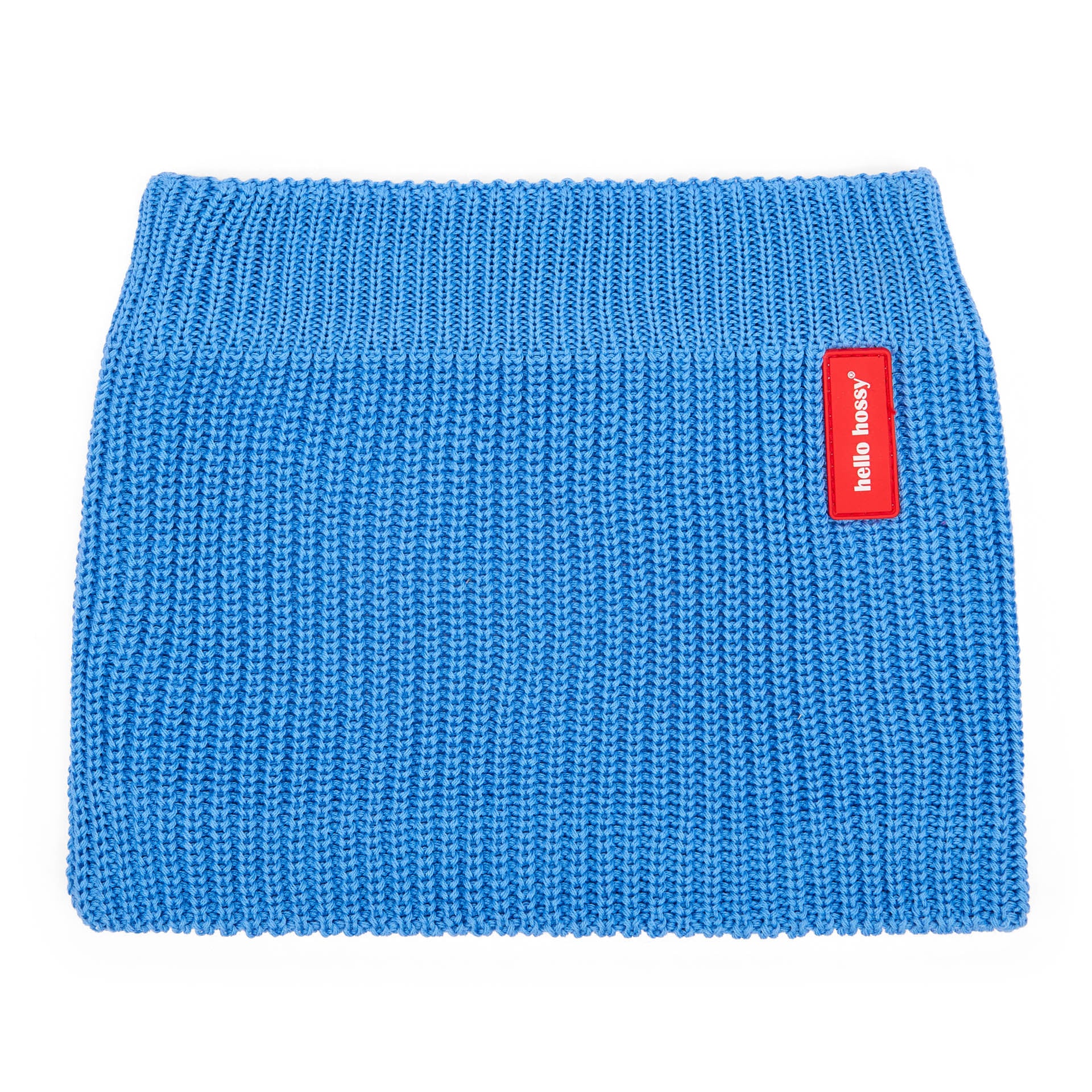 Snood infantil de punto azul con etiqueta roja Hello Hossy