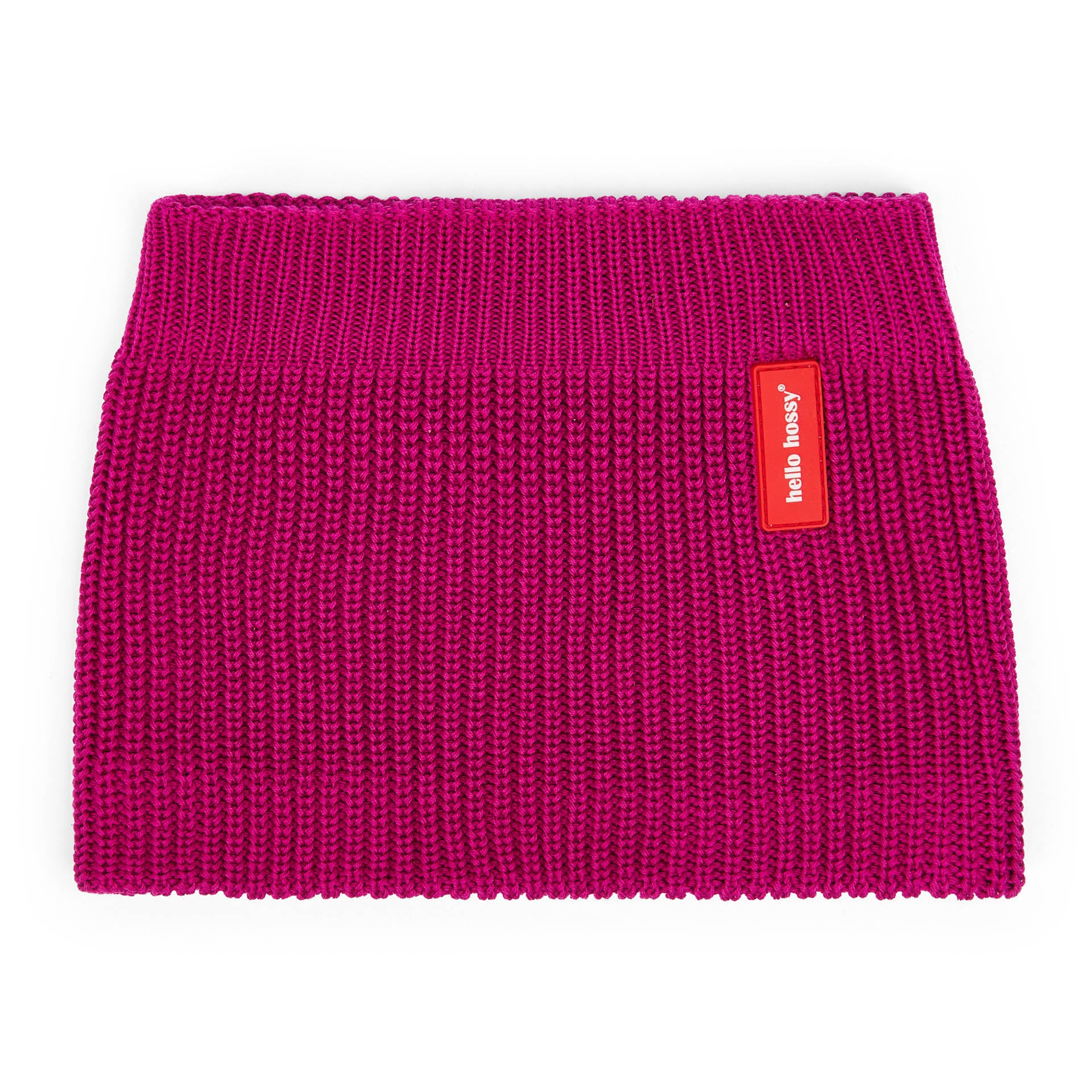 Snood infantil violeta de punto grueso acanalado con etiqueta roja Hello Hossy