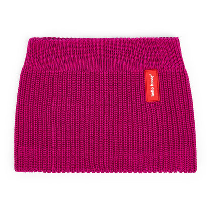 Snood infantil violeta de punto grueso acanalado con etiqueta roja Hello Hossy
