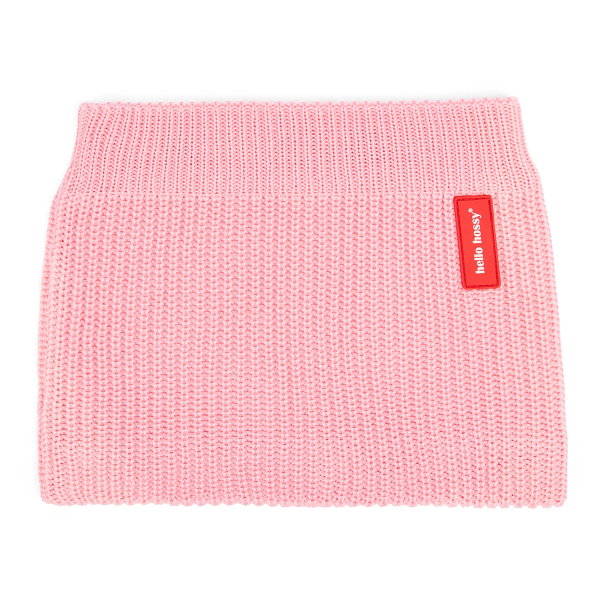 Snood infantil rosa de tejido de punto con etiqueta roja Hello Hossy