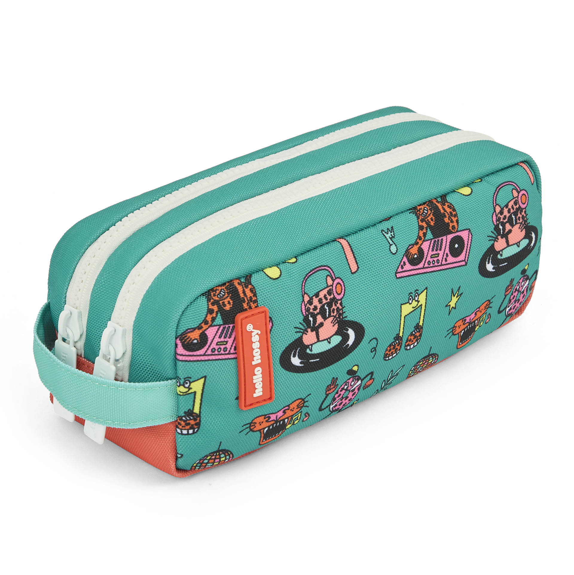 Trousse scolaire enfant vert corail motif animaux double compartiment Hello Hossy
