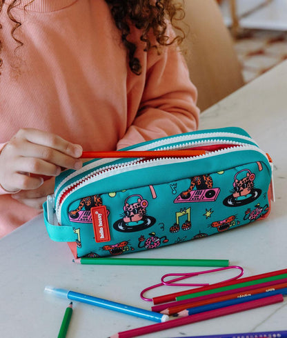 Trousse scolaire enfant vert corail imprimé animaux plusieurs compartiments Hello Hossy