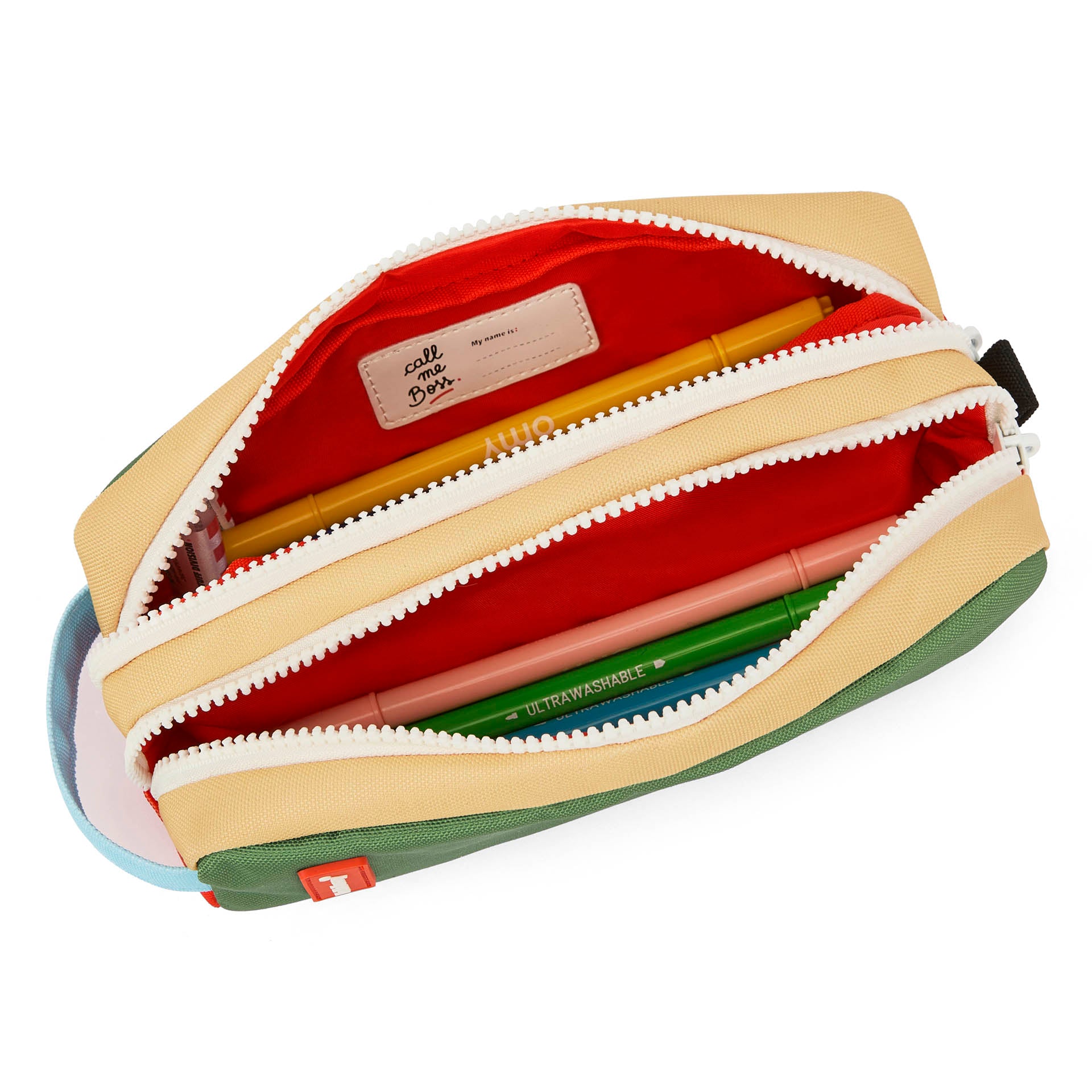 Trousse scolaire enfant vert multipoches doublure rouge Hello Hossy