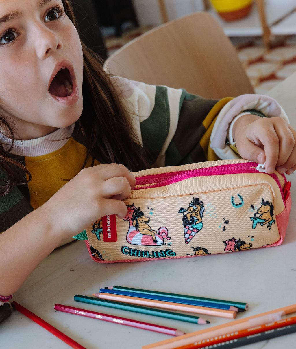 Trousse scolaire enfant jaune rose imprimé licorne multicolore Hello Hossy