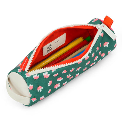 Estuche Escolar infantil verde estampado flores interior naranja Hello Hossy