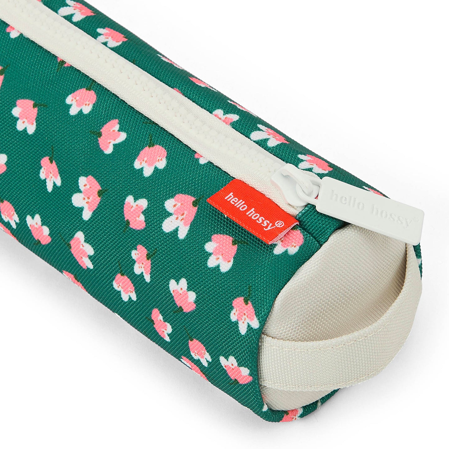 Estuche Escolar infantil verde motivo flores rosa cremallera crema Hello Hossy