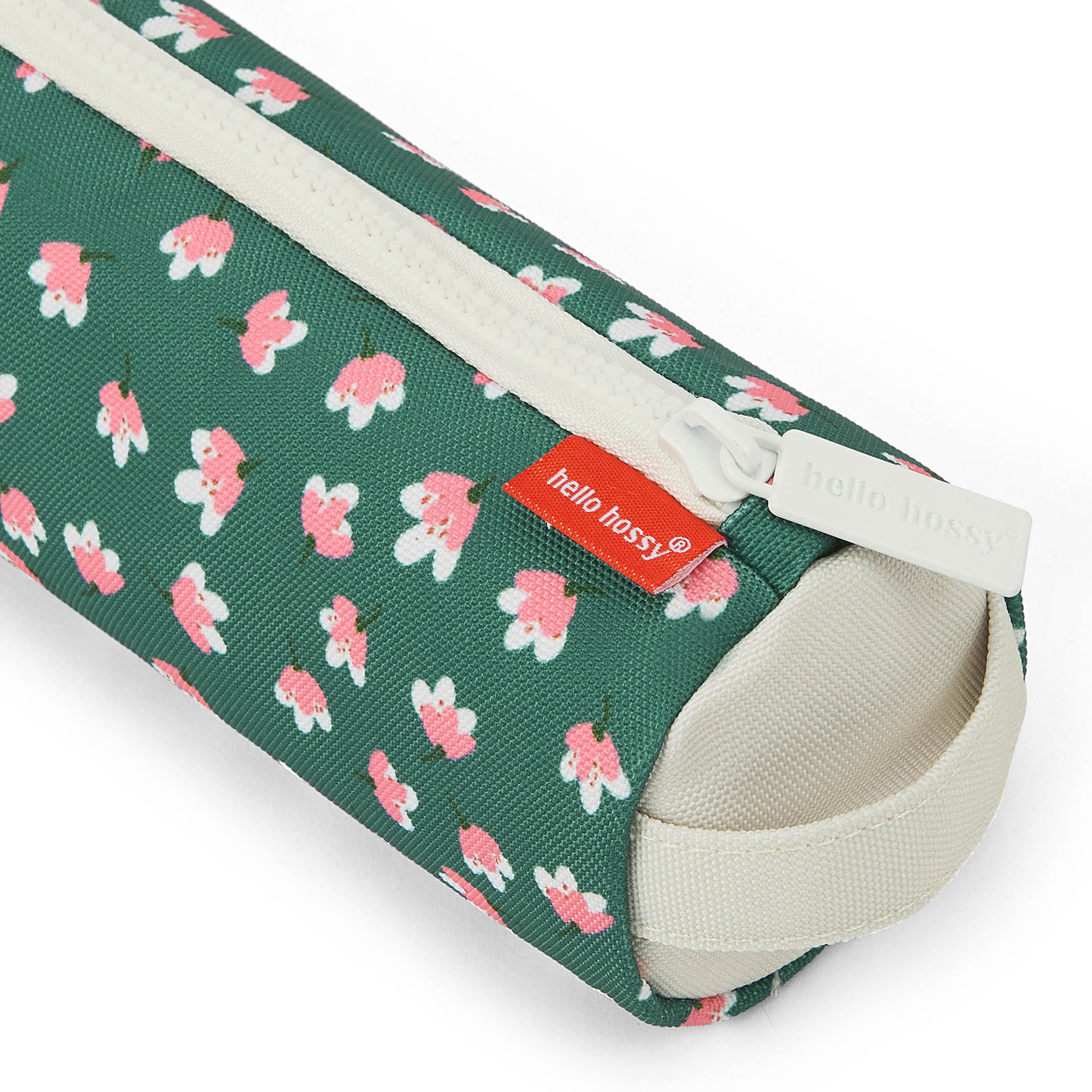Estuche Escolar infantil verde motivo flores rosa cremallera crema Hello Hossy