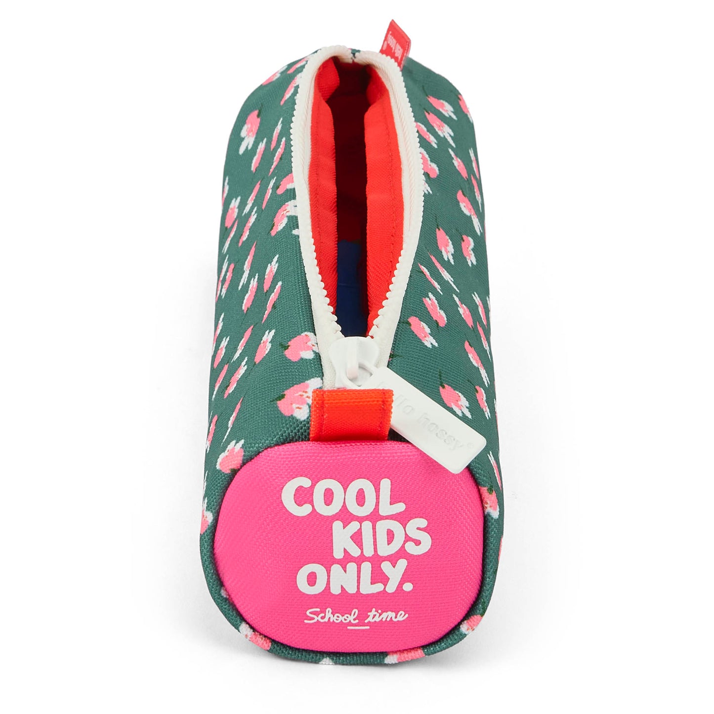 Estuche Escolar infantil verde estampado flores rosa apertura con cremallera Hello Hossy