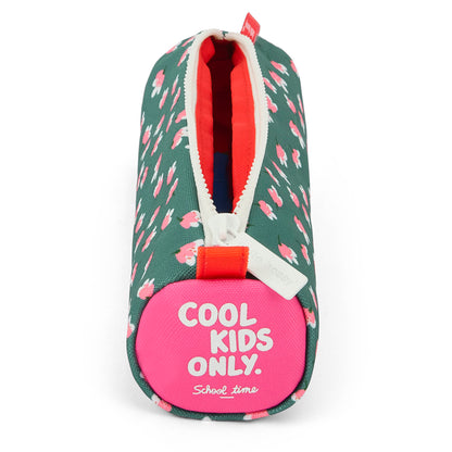 Estuche Escolar infantil verde estampado flores rosa apertura con cremallera Hello Hossy