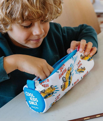 Estuche Escolar infantil blanco naranja motivo coche cierre azul Hello Hossy