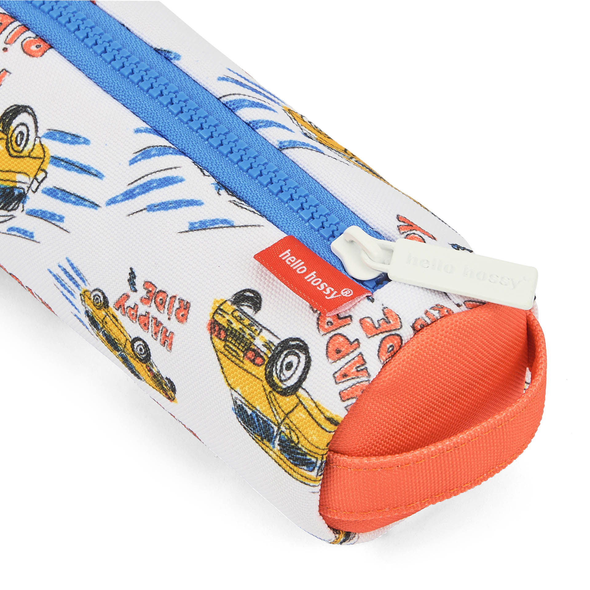 Estuche Escolar infantil blanco naranja motivo coches cierre azul Hello Hossy