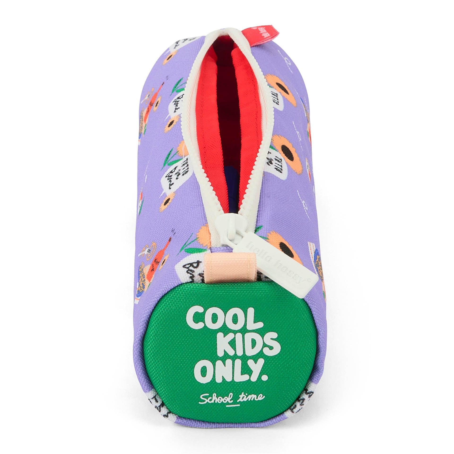 Estuche Escolar infantil violeta motivo flores inscripción verde Hello Hossy