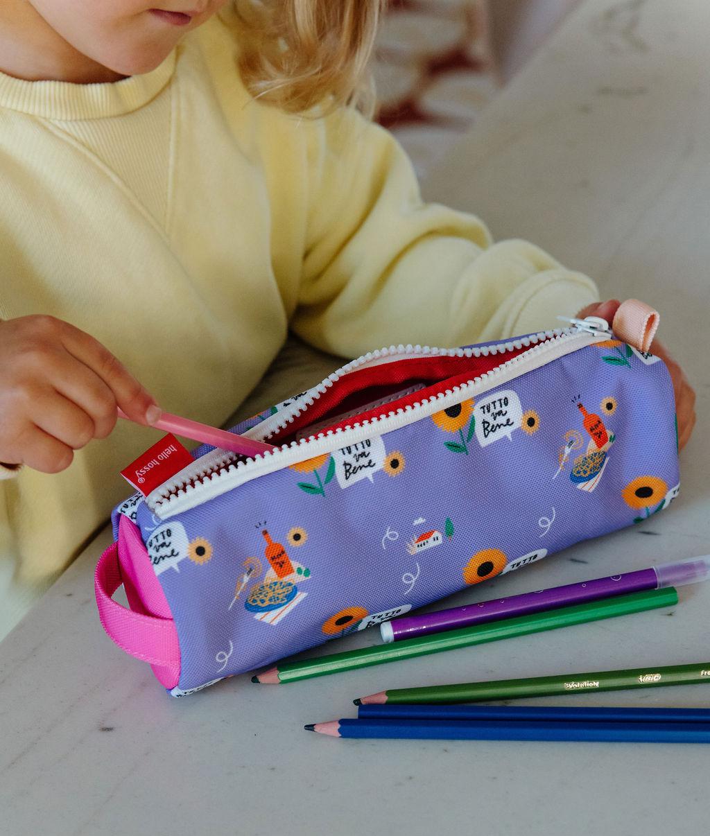 Estuche Escolar infantil violeta motivo flores y estampados coloridos Hello Hossy