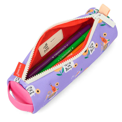 Estuche Escolar infantil violeta estampado flores detalle interior rojo Hello Hossy