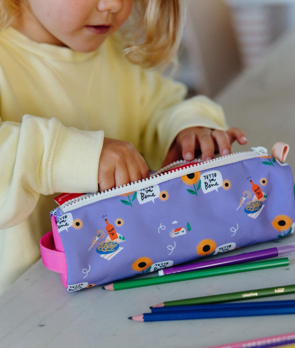 Estuche Escolar infantil violeta motivo flores naranja Hello Hossy
