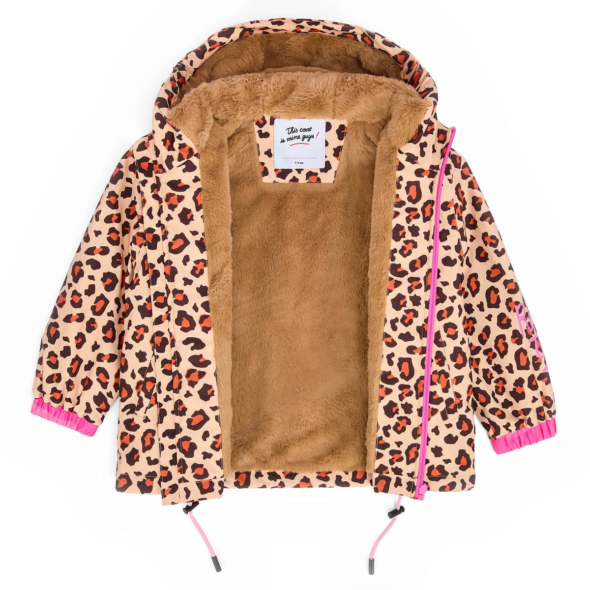 Chaqueta de invierno infantil con estampado leopard marrón, interior de pelo sintético y capucha Hello Hossy