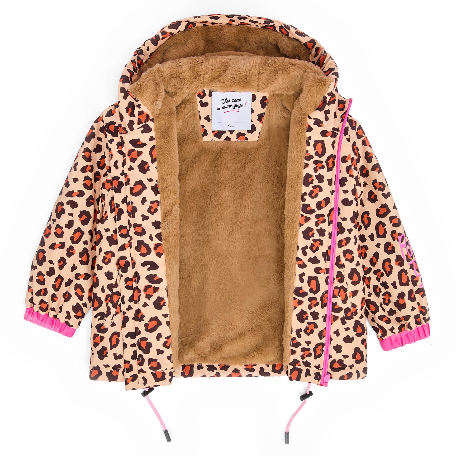 Chaqueta de invierno infantil con estampado leopard marrón, interior de pelo sintético y capucha Hello Hossy