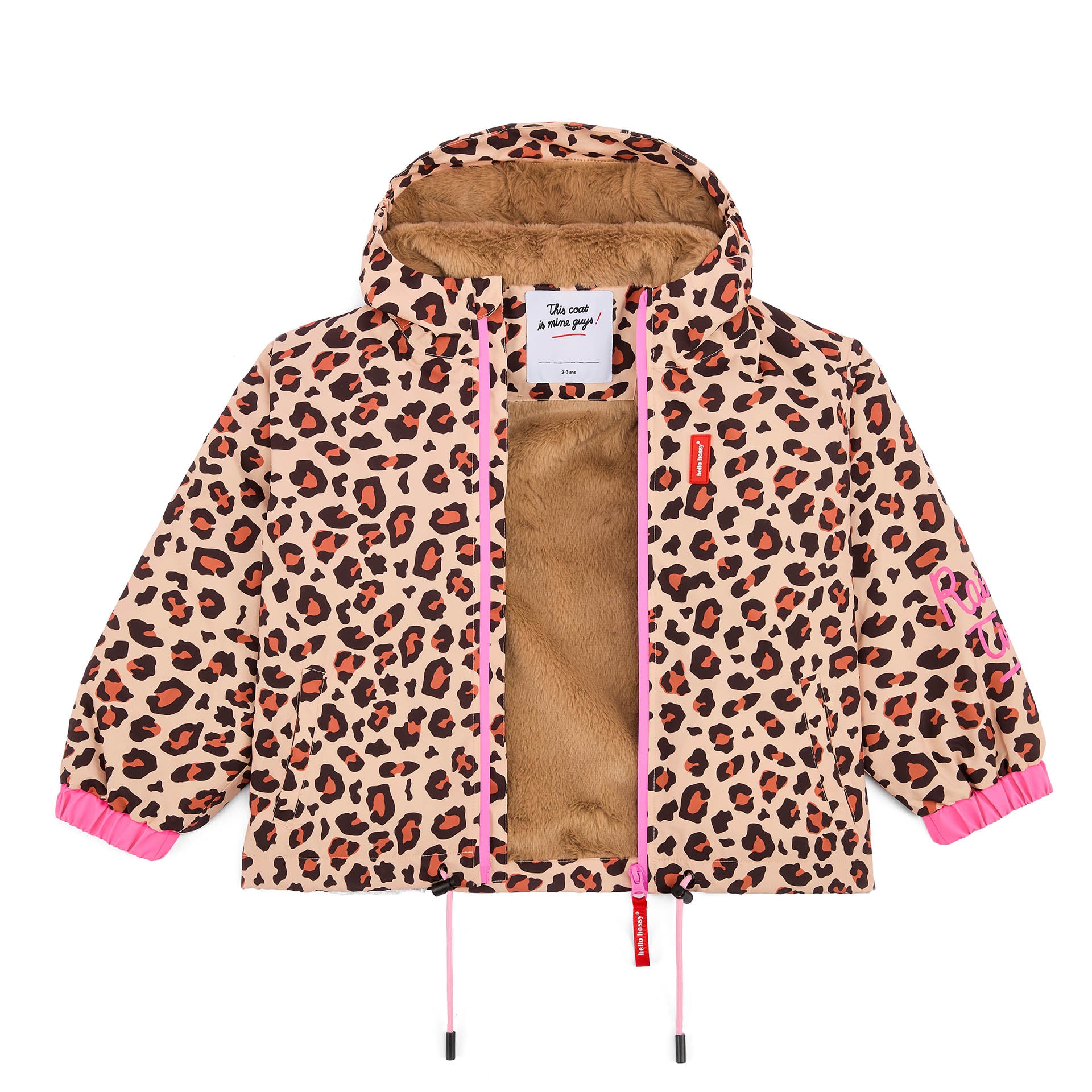 Chaqueta de invierno infantil con estampado leopard marrón, interior de pelo sintético y capucha Hello Hossy