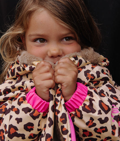 Chaqueta de invierno infantil con motivo leopard rosa flúor, forro de pelo Hello Hossy