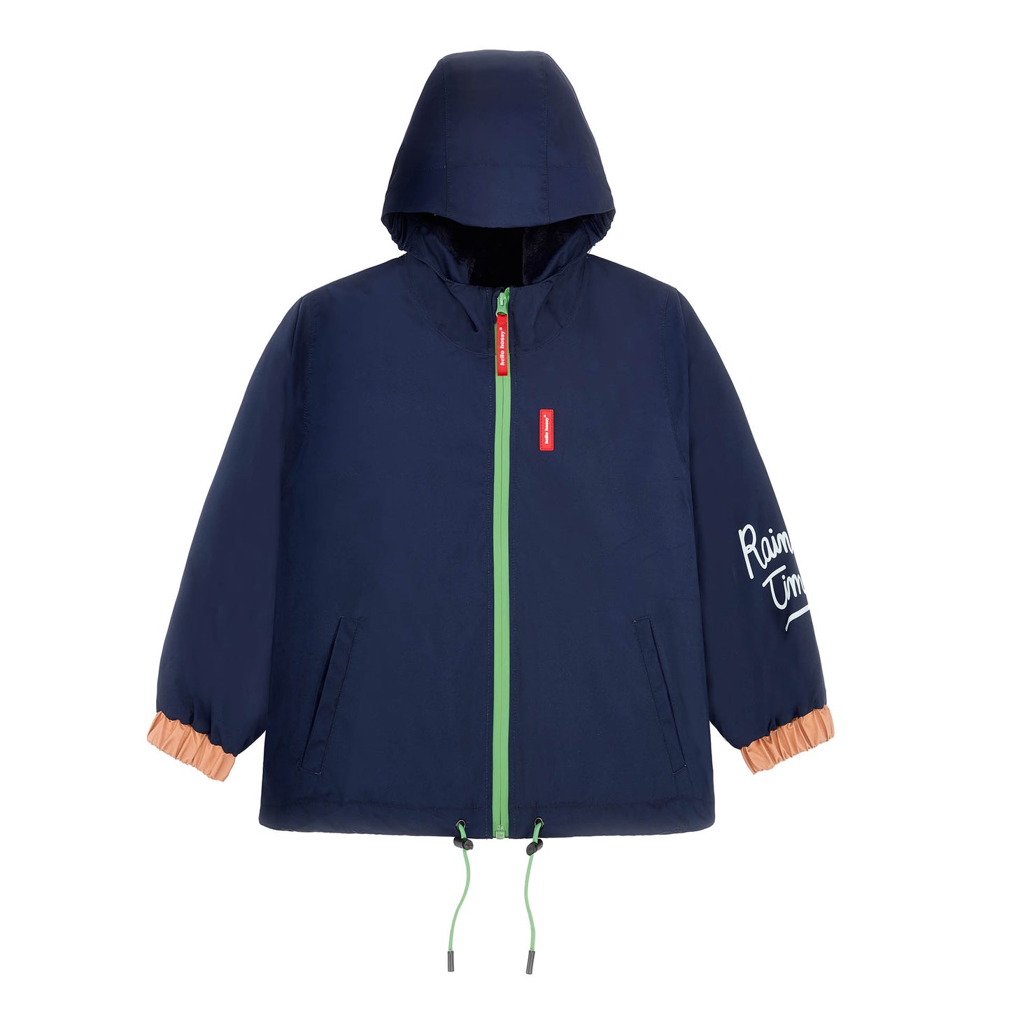 Veste hiver enfant bleu marine capuche détails orange zip vert Hello Hossy