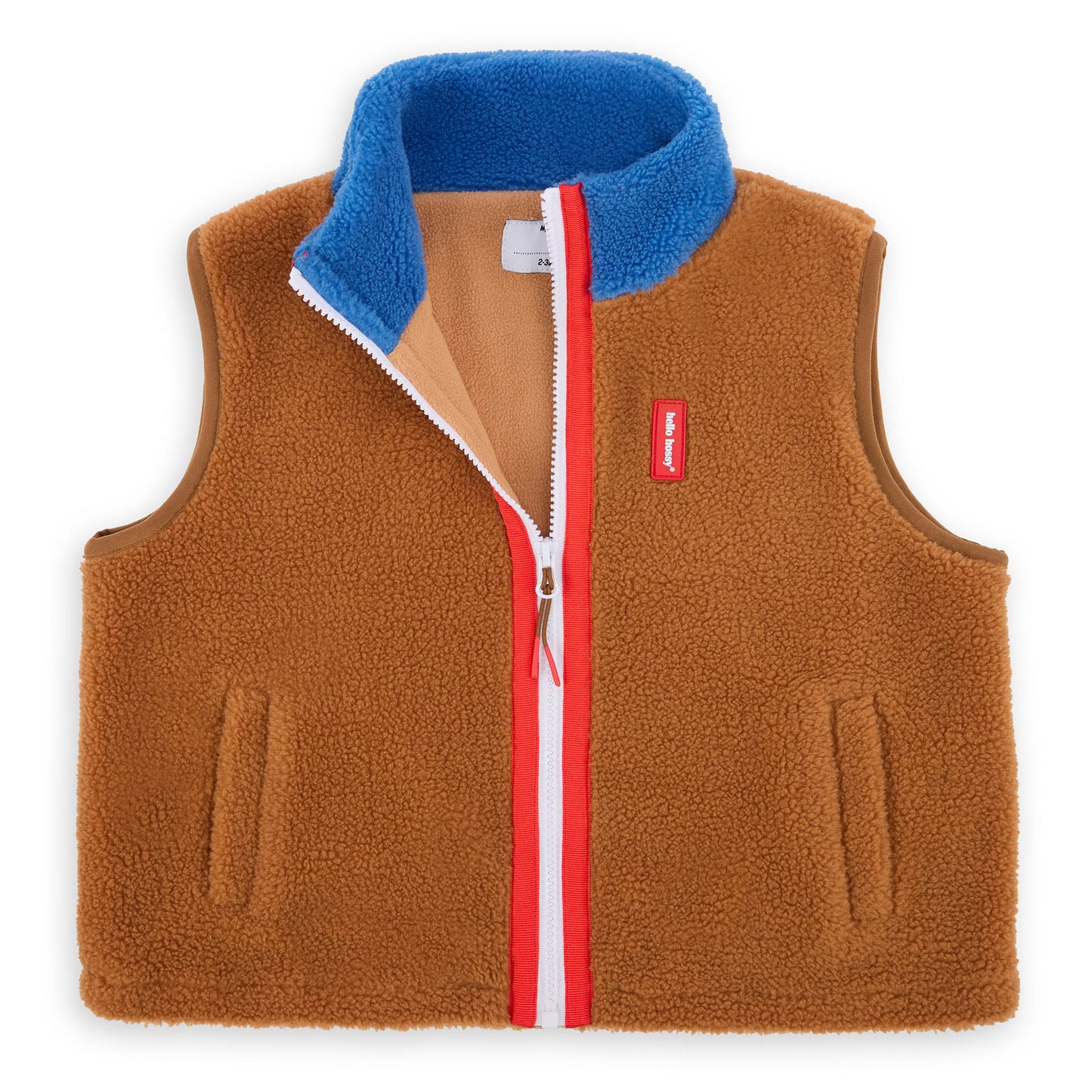 Chaqueta polar sin mangas infantil Camel con interior azul y cremallera roja Hello Hossy