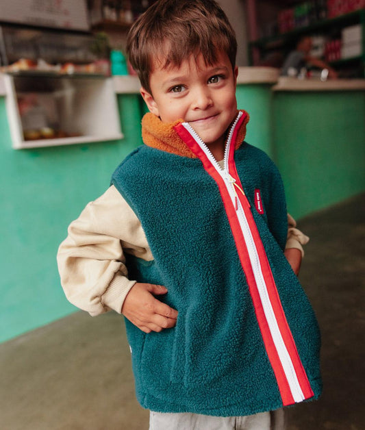 Chaqueta polar infantil sin mangas azul y marrón con cremallera a rayas Hello Hossy