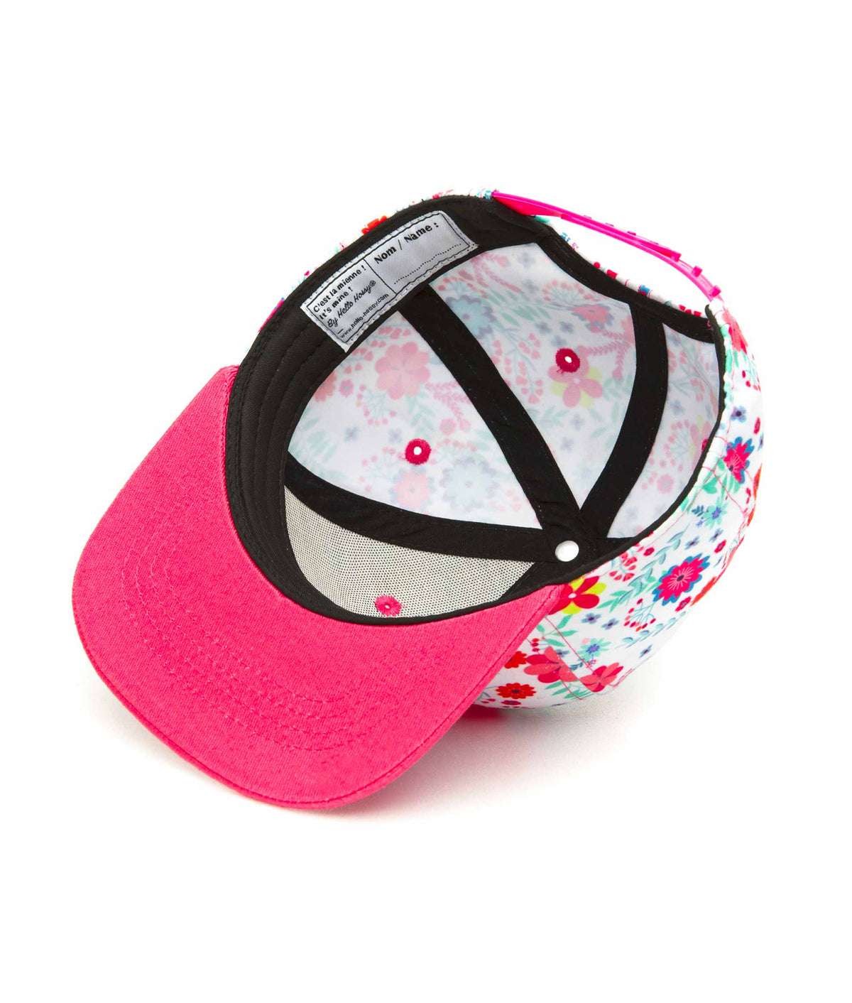 Gorra infantil blanco rosa estampado de flores visera plana Hello Hossy